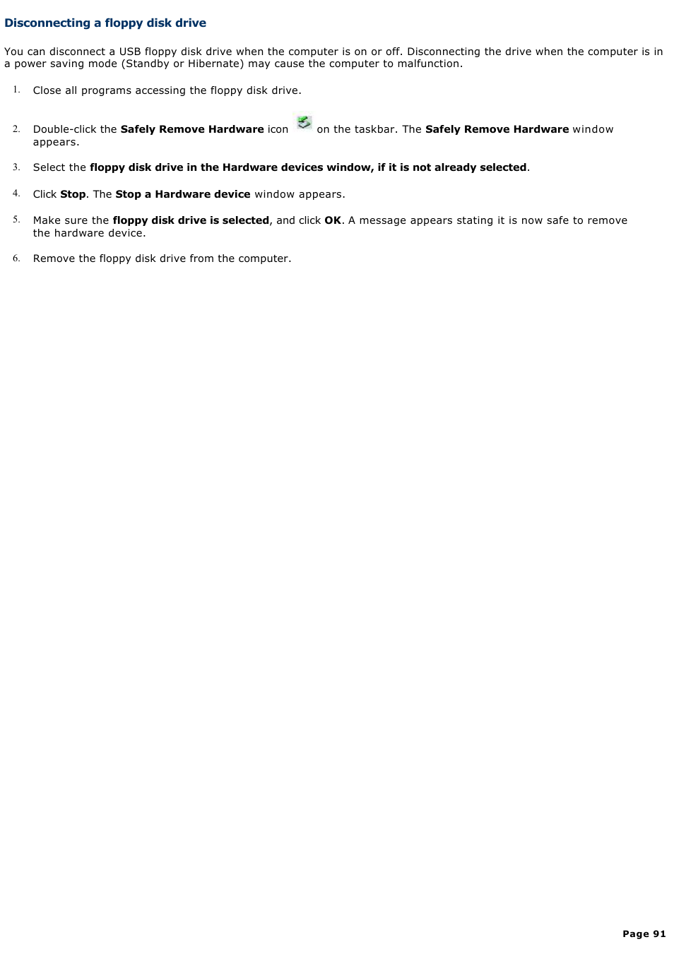 Disconnecting a floppy disk drive | Sony PCG-TR3AP2 User Manual | Page 91 / 199