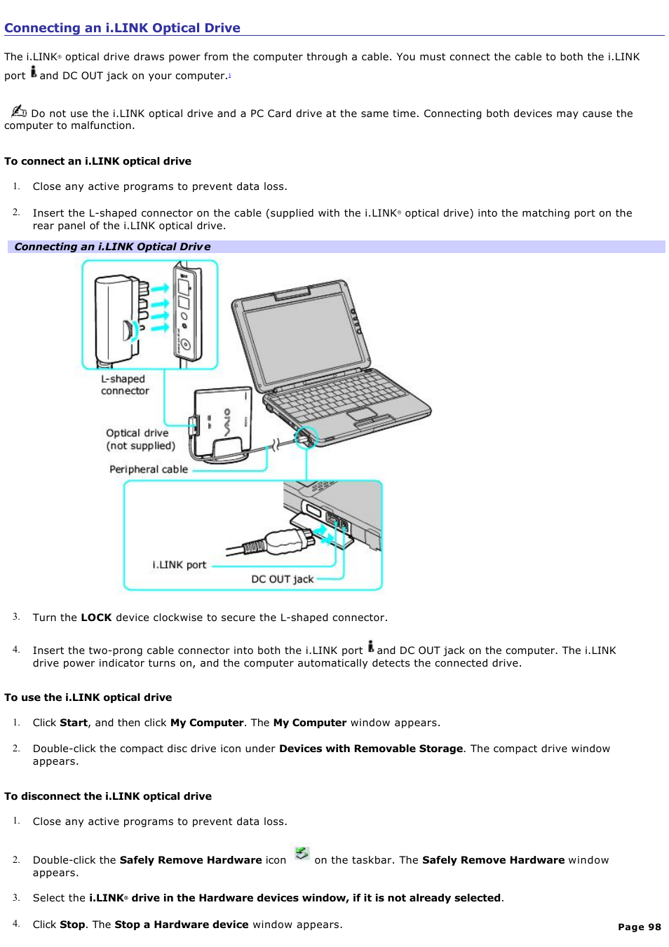 Connecting an i.link optical drive | Sony PCG-TR3AP2 User Manual | Page 98 / 199