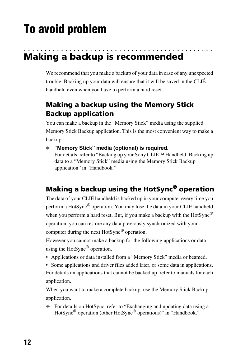 To avoid problem, Making a backup is recommended, Making a backup using the hotsync | Operation | Sony PEG-NX60 User Manual | Page 12 / 52