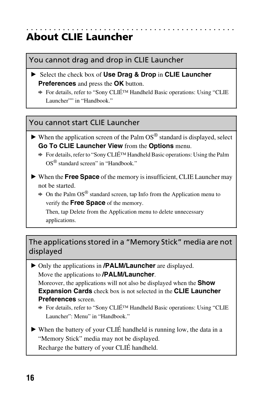 About clie launcher, You cannot drag and drop in clie launcher, You cannot start clie launcher | Sony PEG-NX60 User Manual | Page 16 / 52