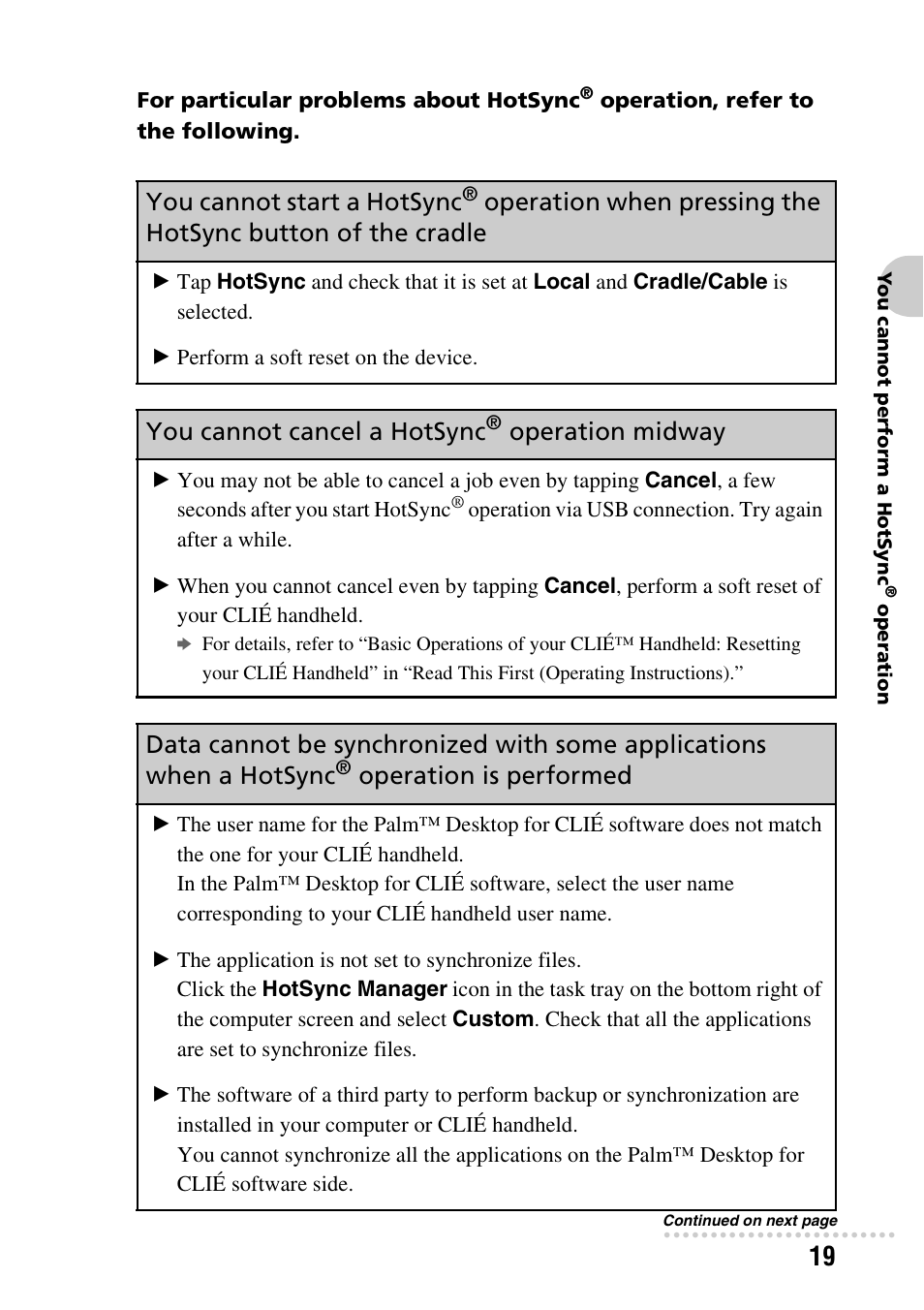 You cannot start a hotsync, Operation when pressing the, Hotsync button of the cradle | You cannot cancel a hotsync, Operation midway, Operation is performed | Sony PEG-NX60 User Manual | Page 19 / 52