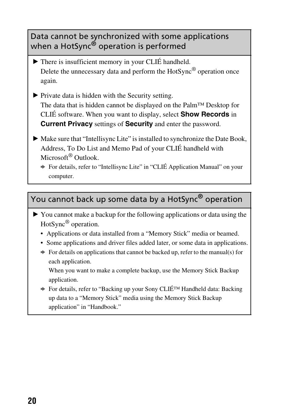 You cannot back up some data by a hotsync, Operation, Operation is performed | Sony PEG-NX60 User Manual | Page 20 / 52