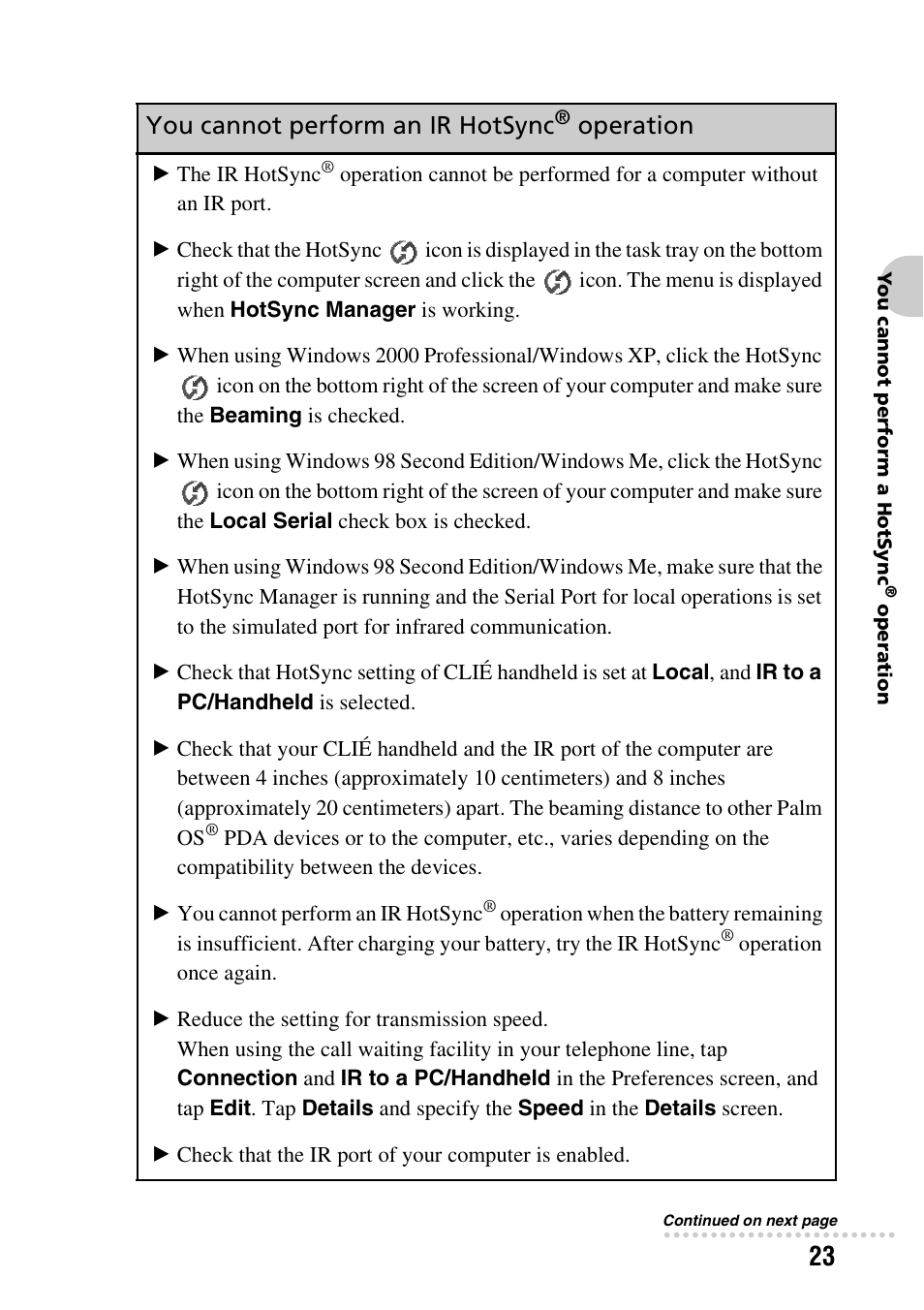 You cannot perform an ir hotsync, Operation | Sony PEG-NX60 User Manual | Page 23 / 52