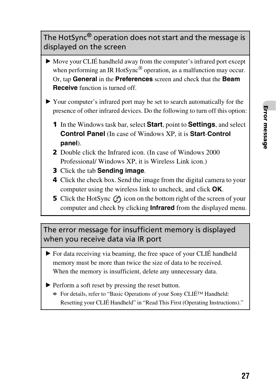 The hotsync, Operation does not start and the message is, Displayed on the screen | Sony PEG-NX60 User Manual | Page 27 / 52