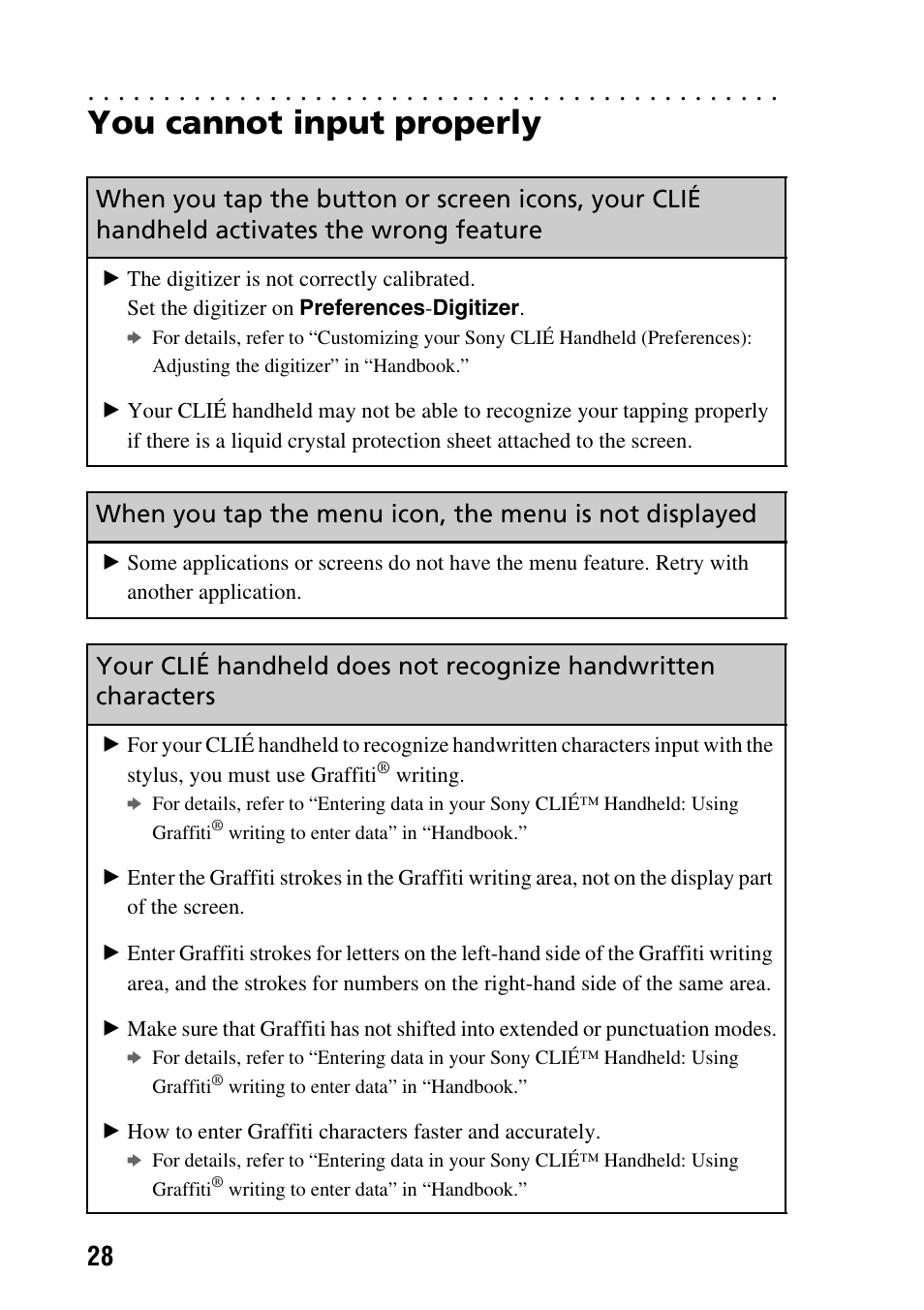 You cannot input properly | Sony PEG-NX60 User Manual | Page 28 / 52