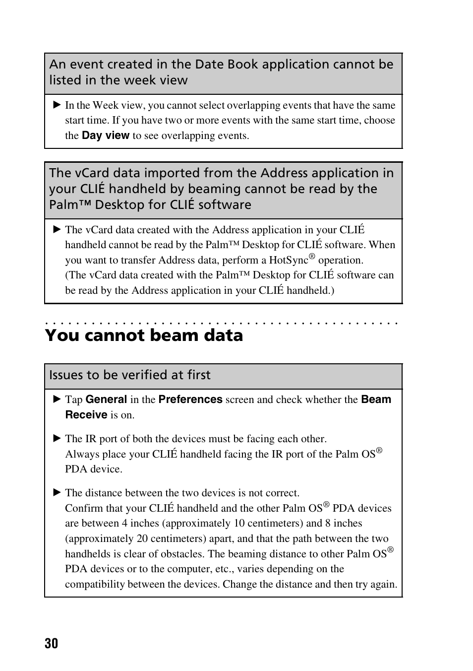 You cannot beam data, Issues to be verified at first | Sony PEG-NX60 User Manual | Page 30 / 52