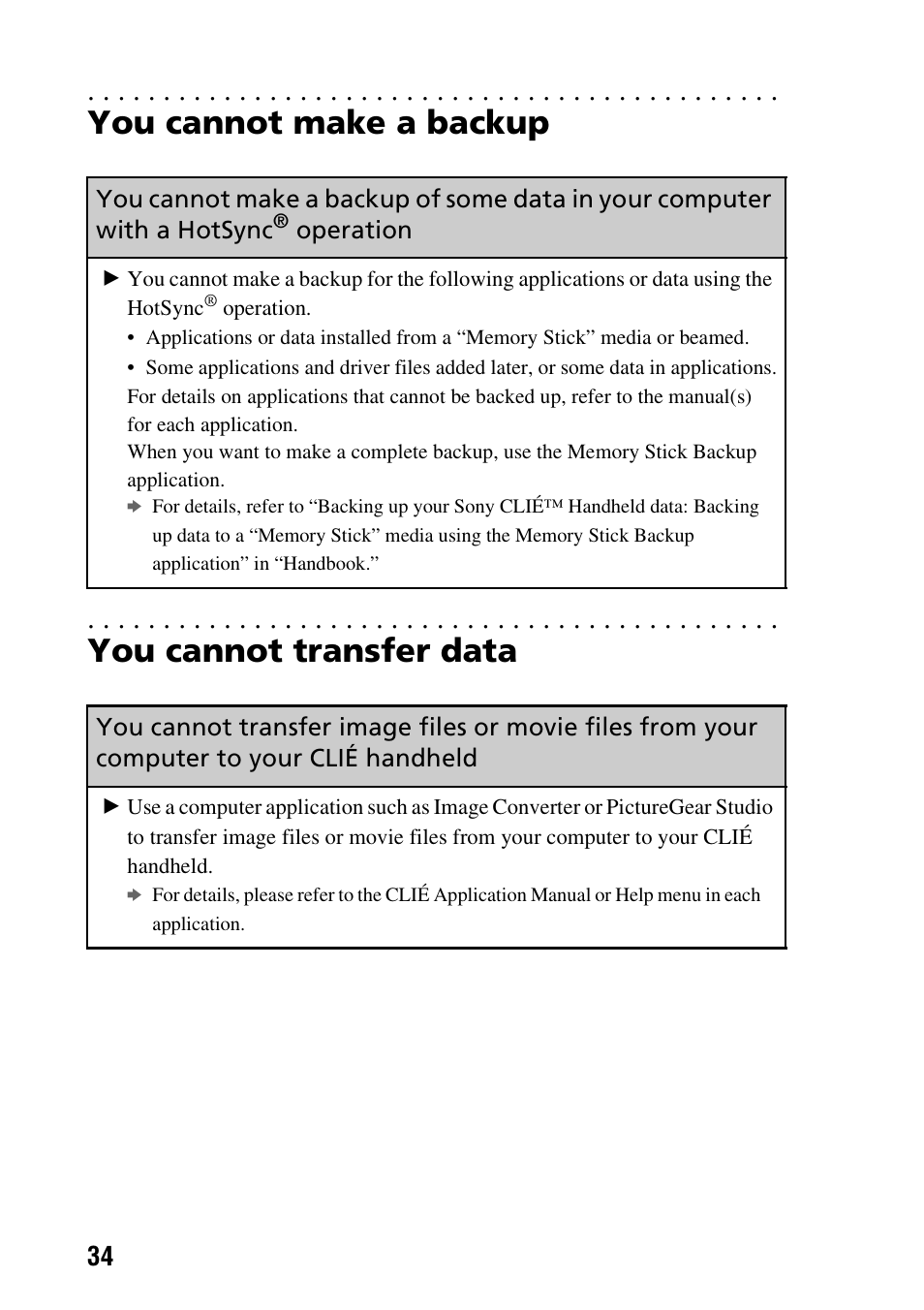 You cannot make a backup, You cannot transfer data, Operation | Sony PEG-NX60 User Manual | Page 34 / 52