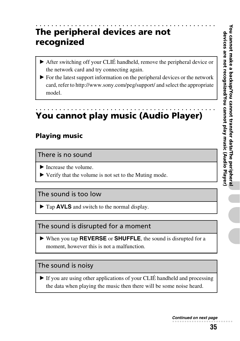 The peripheral devices are not recognized, You cannot play music (audio player), Playing music | There is no sound, The sound is too low, The sound is disrupted for a moment, The sound is noisy | Sony PEG-NX60 User Manual | Page 35 / 52