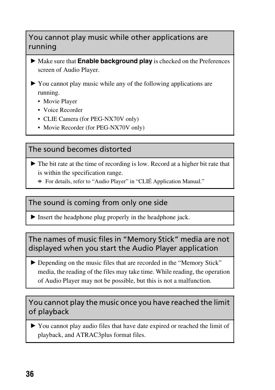 The sound becomes distorted, The sound is coming from only one side | Sony PEG-NX60 User Manual | Page 36 / 52