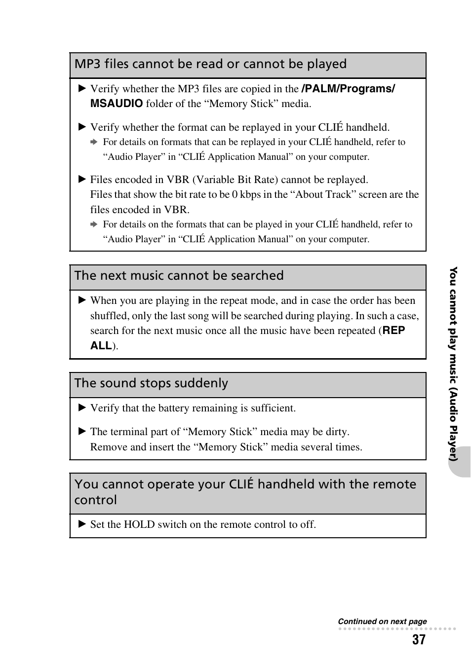 Mp3 files cannot be read or cannot be played, The next music cannot be searched, The sound stops suddenly | Sony PEG-NX60 User Manual | Page 37 / 52