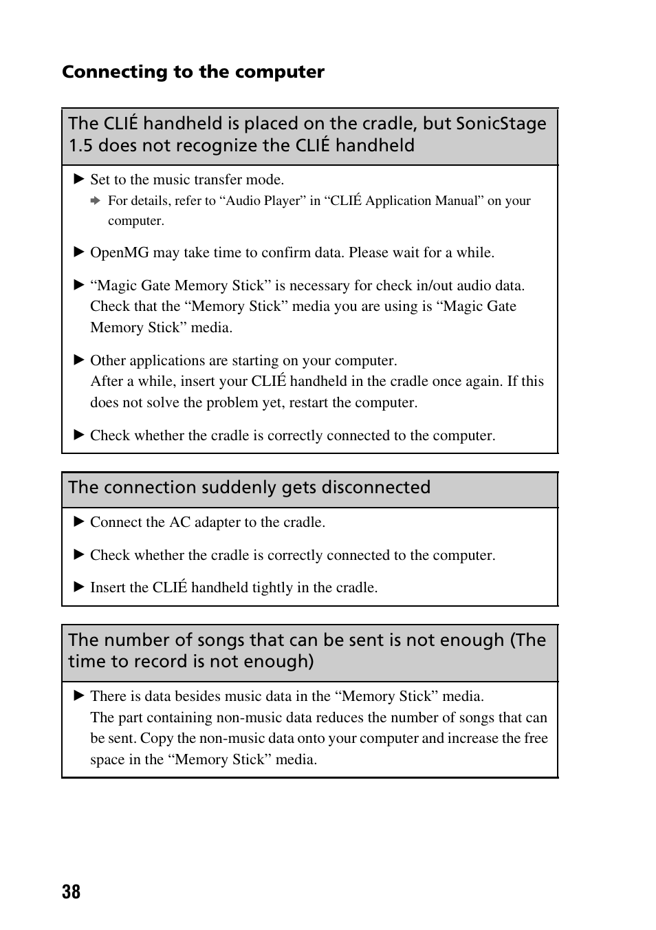 Connecting to the computer, The connection suddenly gets disconnected | Sony PEG-NX60 User Manual | Page 38 / 52