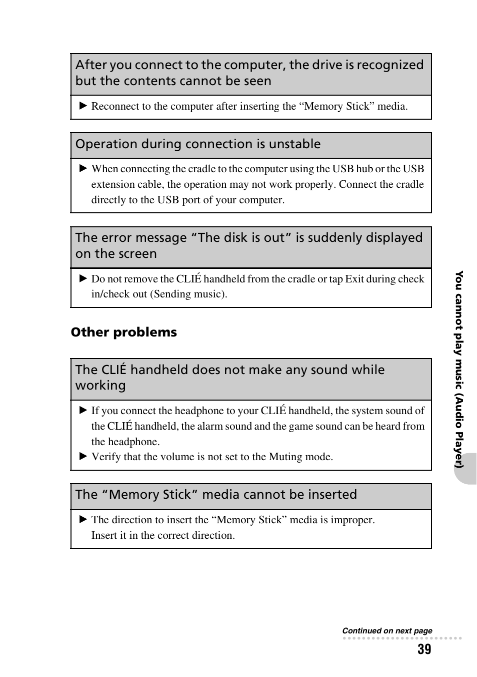 Operation during connection is unstable, Other problems, The “memory stick” media cannot be inserted | Sony PEG-NX60 User Manual | Page 39 / 52