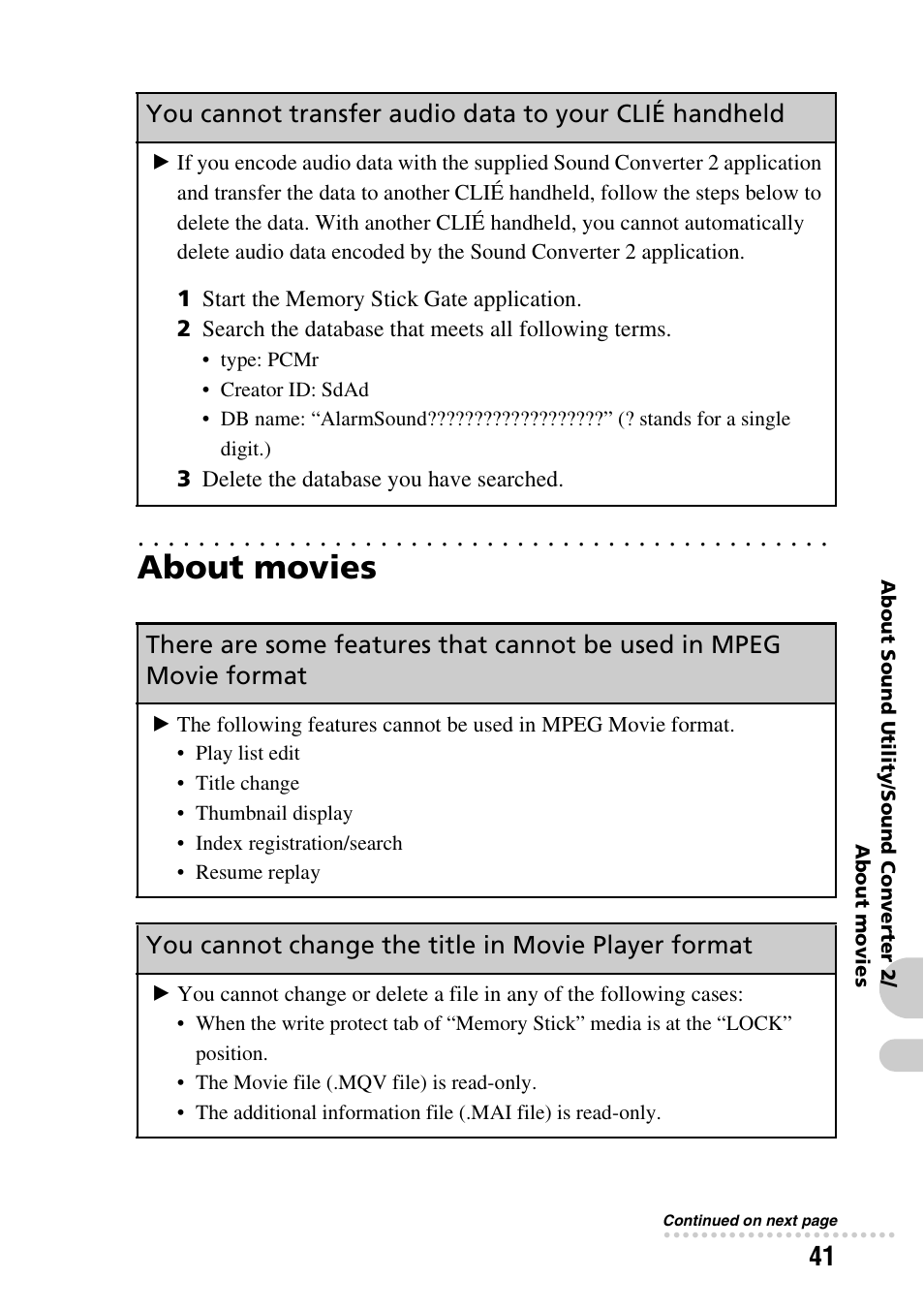 About movies, You cannot change the title in movie player format | Sony PEG-NX60 User Manual | Page 41 / 52