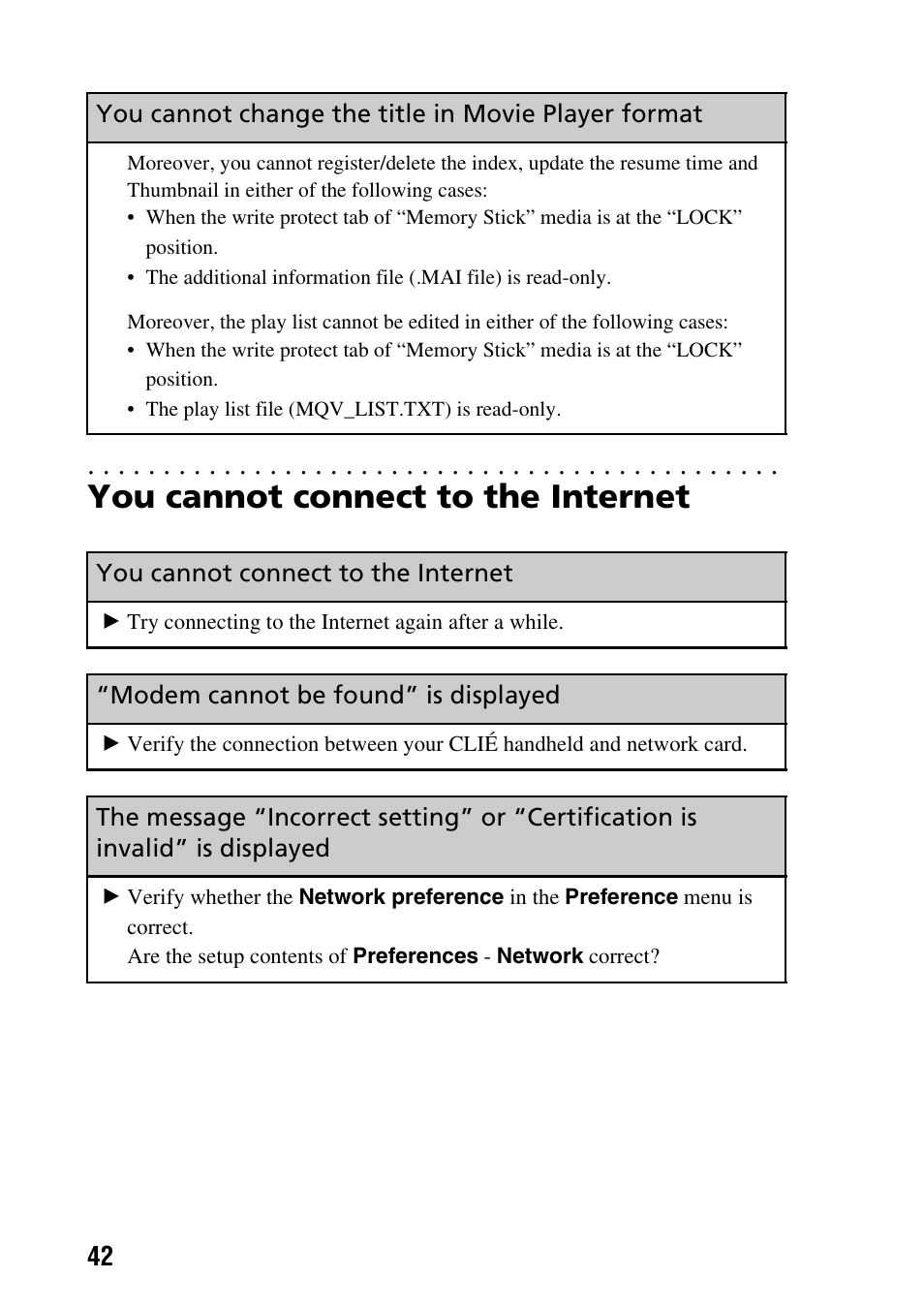 You cannot connect to the internet, Modem cannot be found” is displayed | Sony PEG-NX60 User Manual | Page 42 / 52