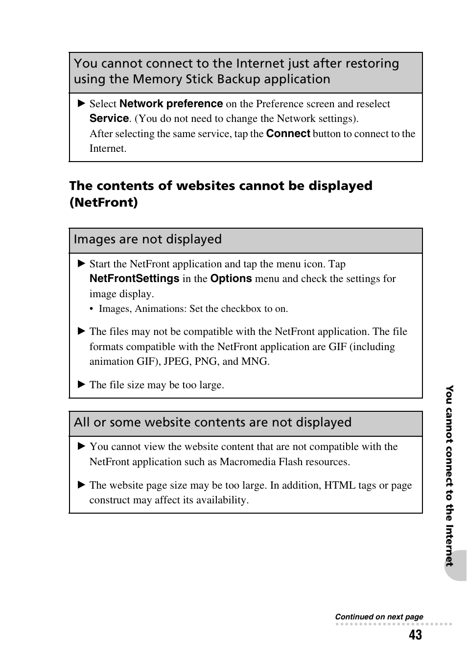 Images are not displayed, All or some website contents are not displayed | Sony PEG-NX60 User Manual | Page 43 / 52