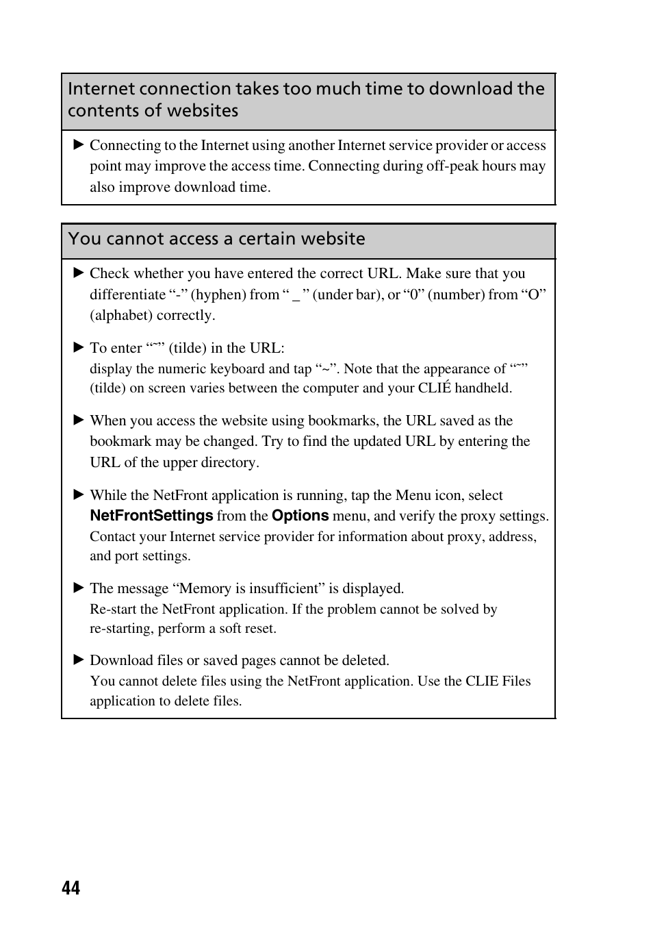 You cannot access a certain website | Sony PEG-NX60 User Manual | Page 44 / 52