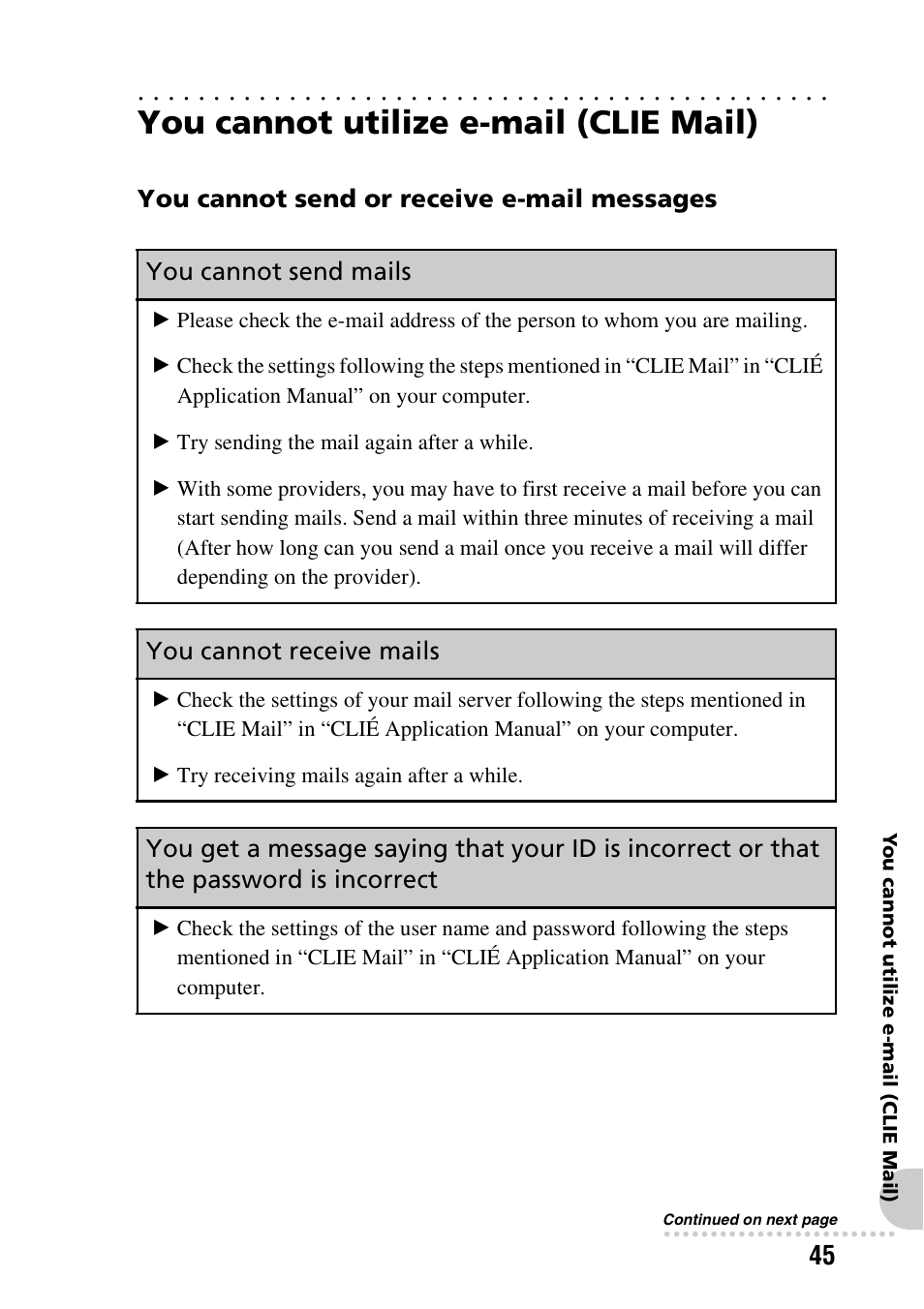 You cannot utilize e-mail (clie mail), You cannot send or receive e-mail messages, You cannot send mails | You cannot receive mails | Sony PEG-NX60 User Manual | Page 45 / 52