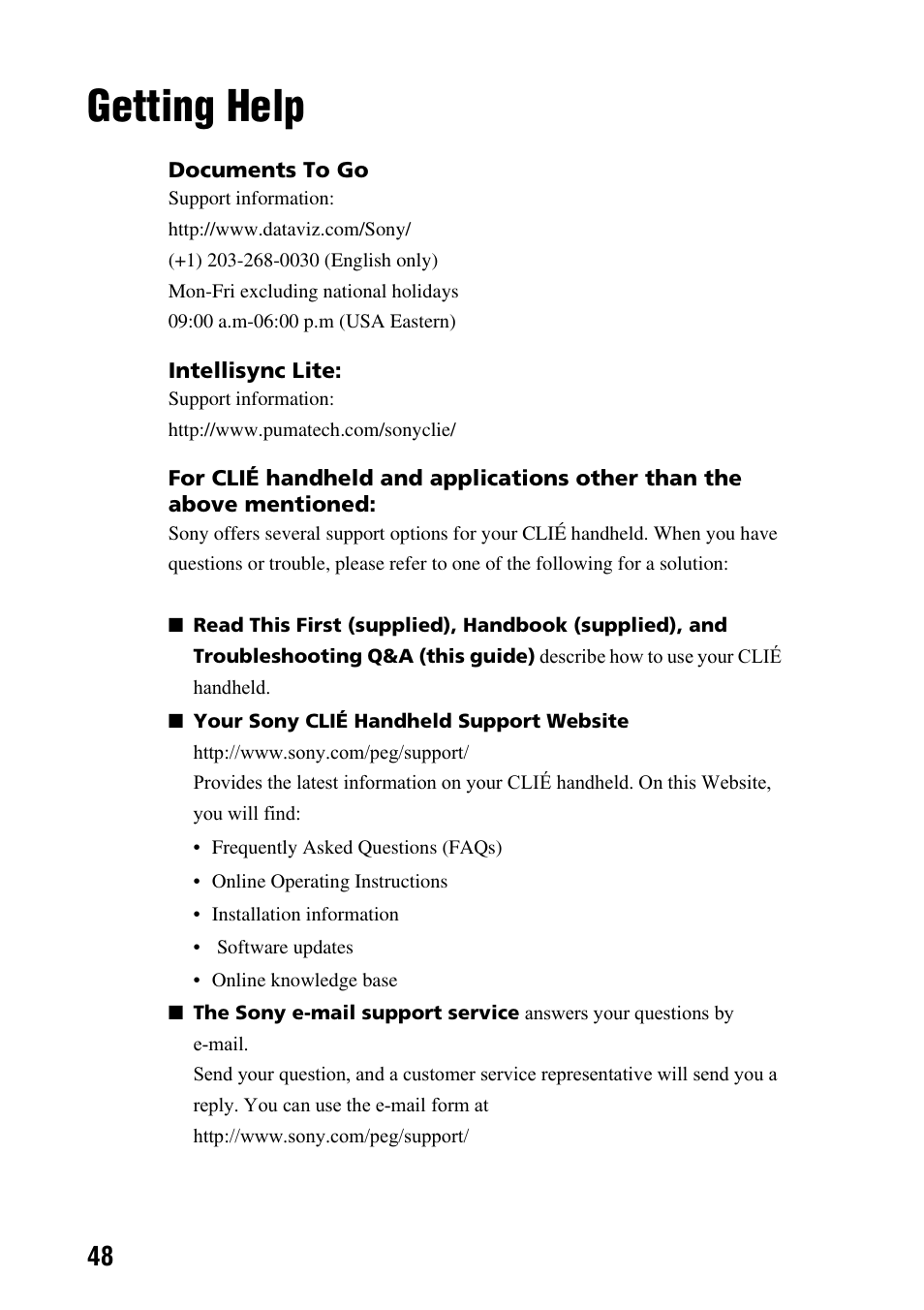 Getting help | Sony PEG-NX60 User Manual | Page 48 / 52