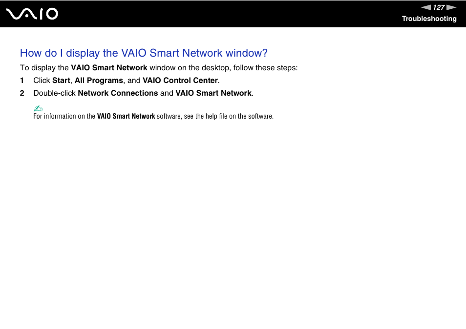 How do i display the vaio smart network window | Sony VGN-NR430E User Manual | Page 127 / 163