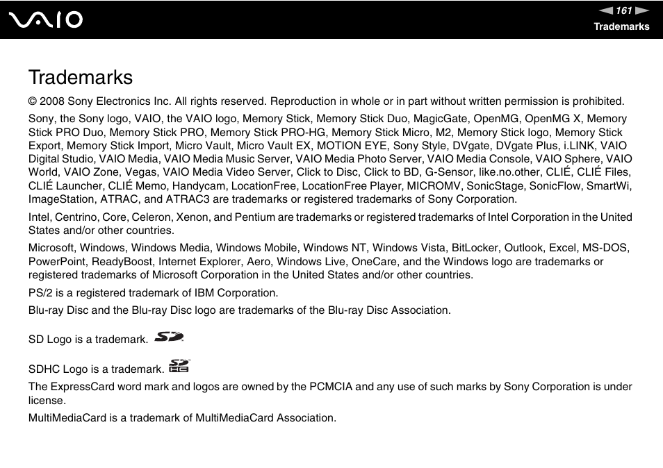 Trademarks | Sony VGN-NR430E User Manual | Page 161 / 163