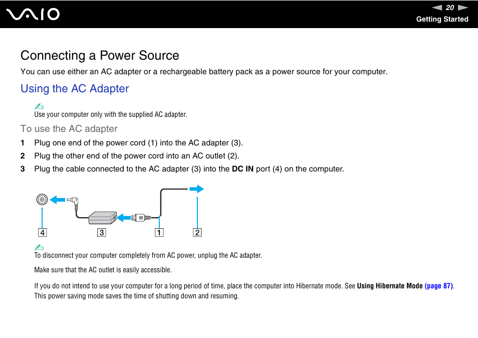 Connecting a power source, Using the ac adapter | Sony VGN-NR430E User Manual | Page 20 / 163