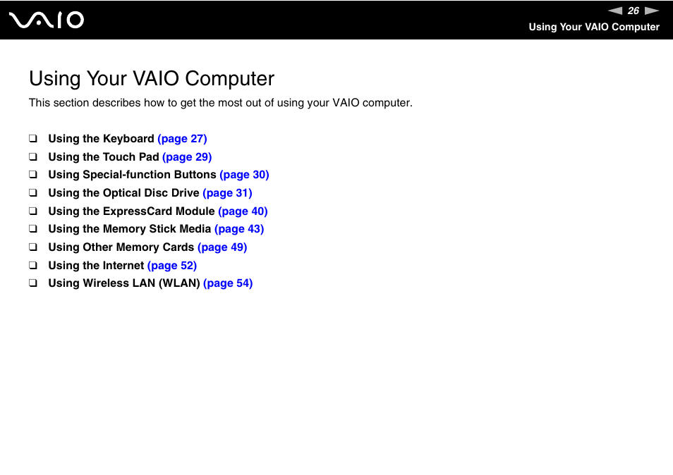 Using your vaio computer | Sony VGN-NR430E User Manual | Page 26 / 163