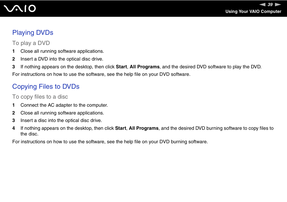 Playing dvds, Copying files to dvds | Sony VGN-NR430E User Manual | Page 39 / 163