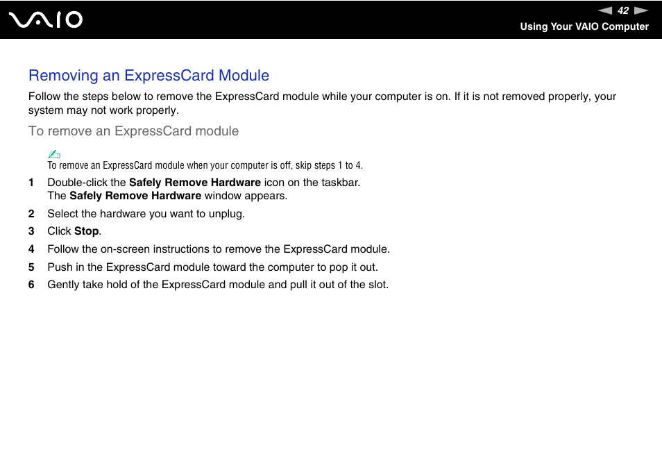 Removing an expresscard module | Sony VGN-NR430E User Manual | Page 42 / 163