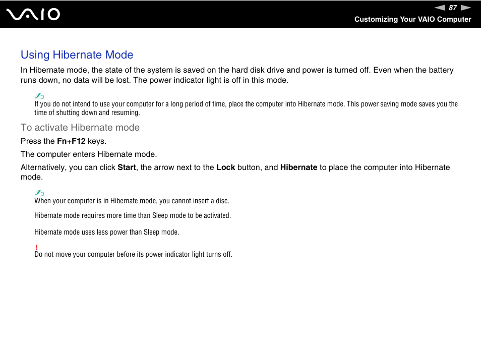 Using hibernate mode | Sony VGN-NR430E User Manual | Page 87 / 163