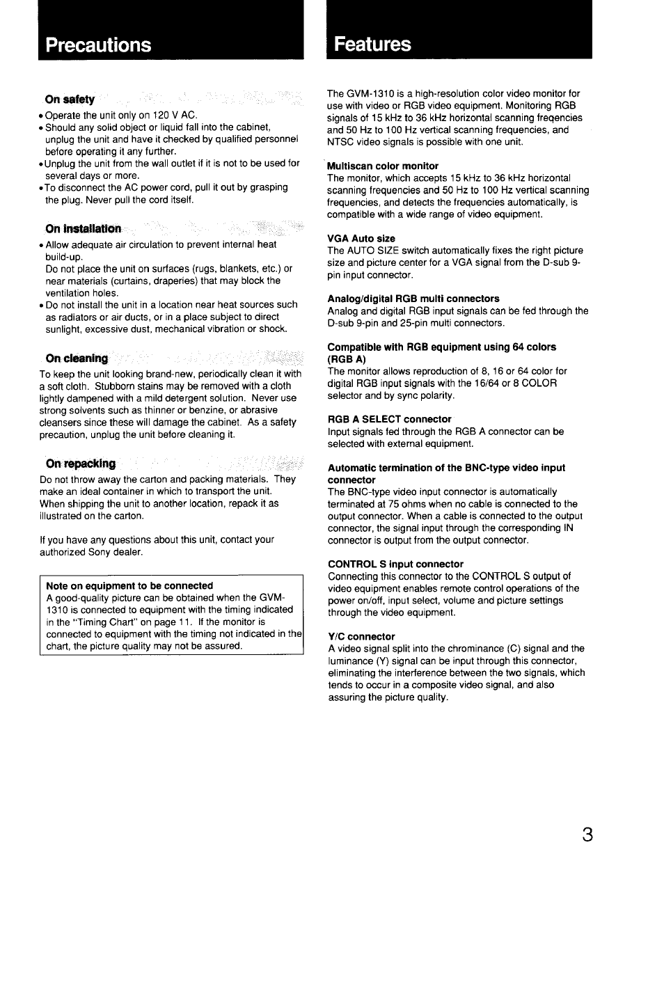 On safety, On installation, On cloning | On repacking, Multiscan color monitor, Vga auto size, Analog/digital rgb multi connectors, Rgb a select connector, Control s input connector, Y/c connector | Sony GVM-1310 User Manual | Page 3 / 11