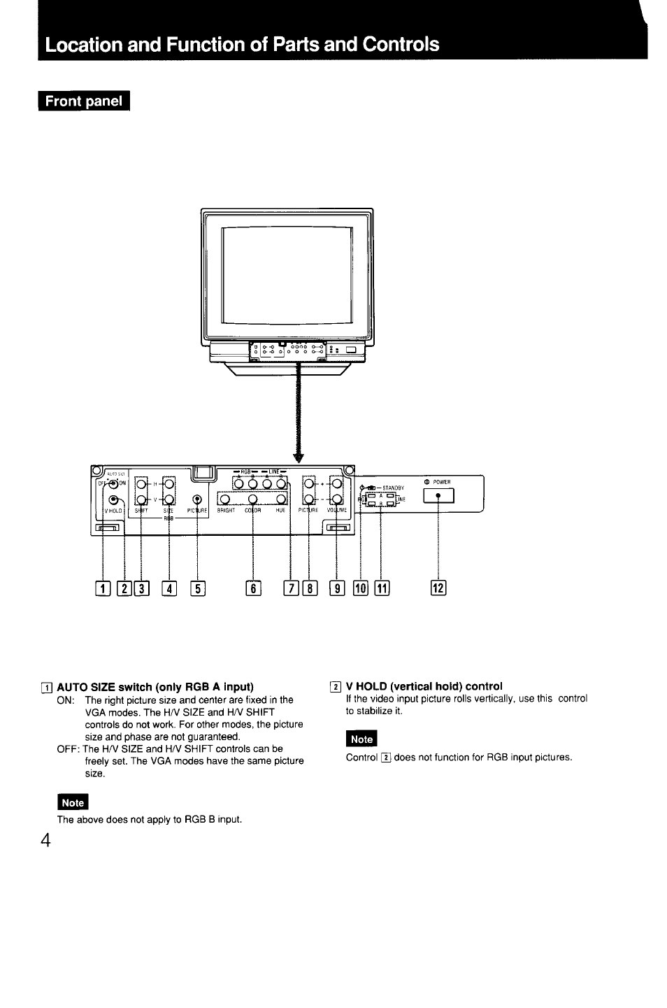 Location and function of parts and controls, Q] auto size switch (only rgb a input), T| v hold (vertical hold) control | Front panel | Sony GVM-1310 User Manual | Page 4 / 11