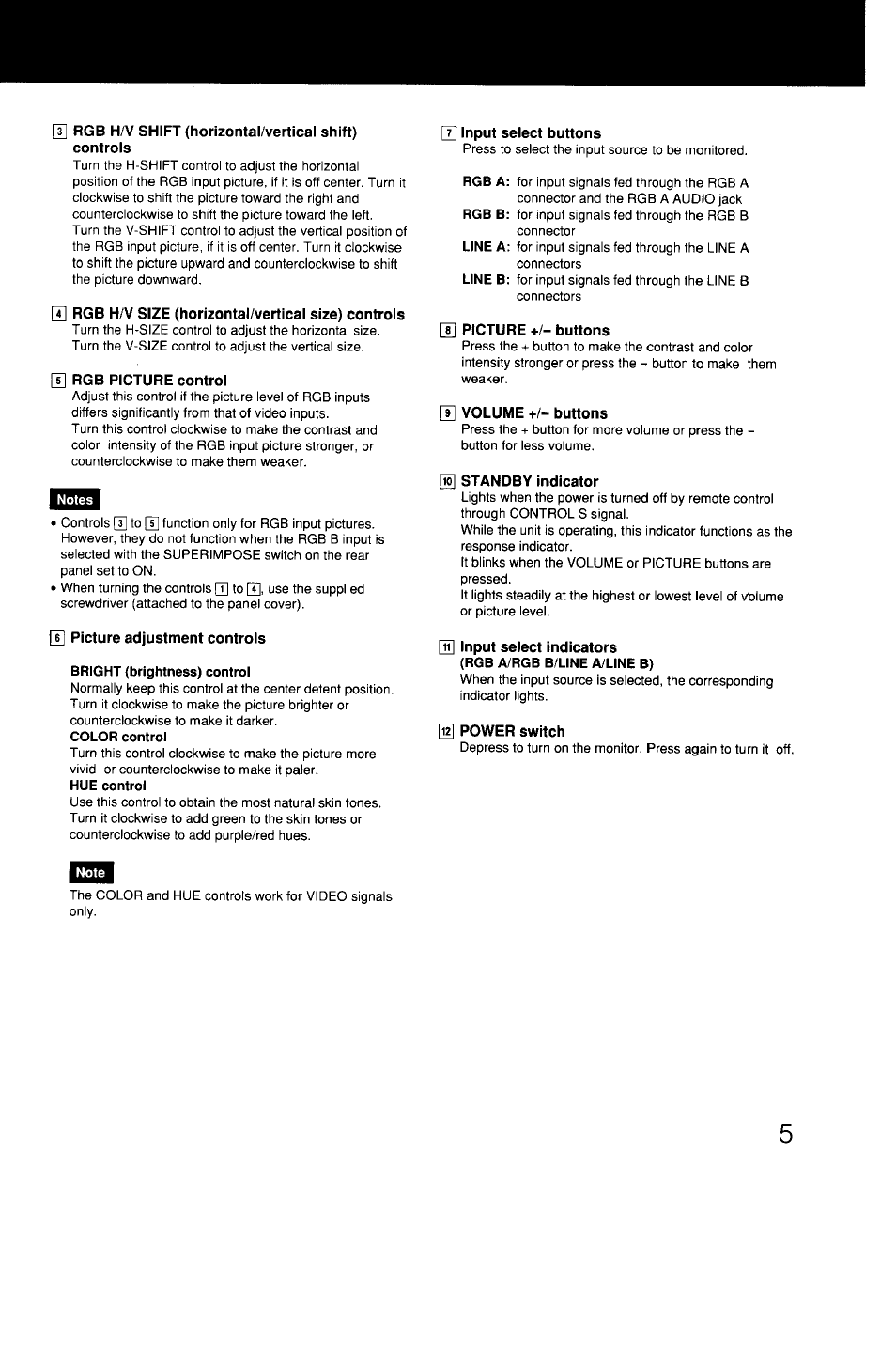 U rgb h/v size (horizontal/vertical size) controls, H rgb picture control, U picture adjustment controls | Bright (brightness) control, U input select buttons, 8] picture +/- buttons, U volume +/- buttons, Standby indicator, Power switch | Sony GVM-1310 User Manual | Page 5 / 11