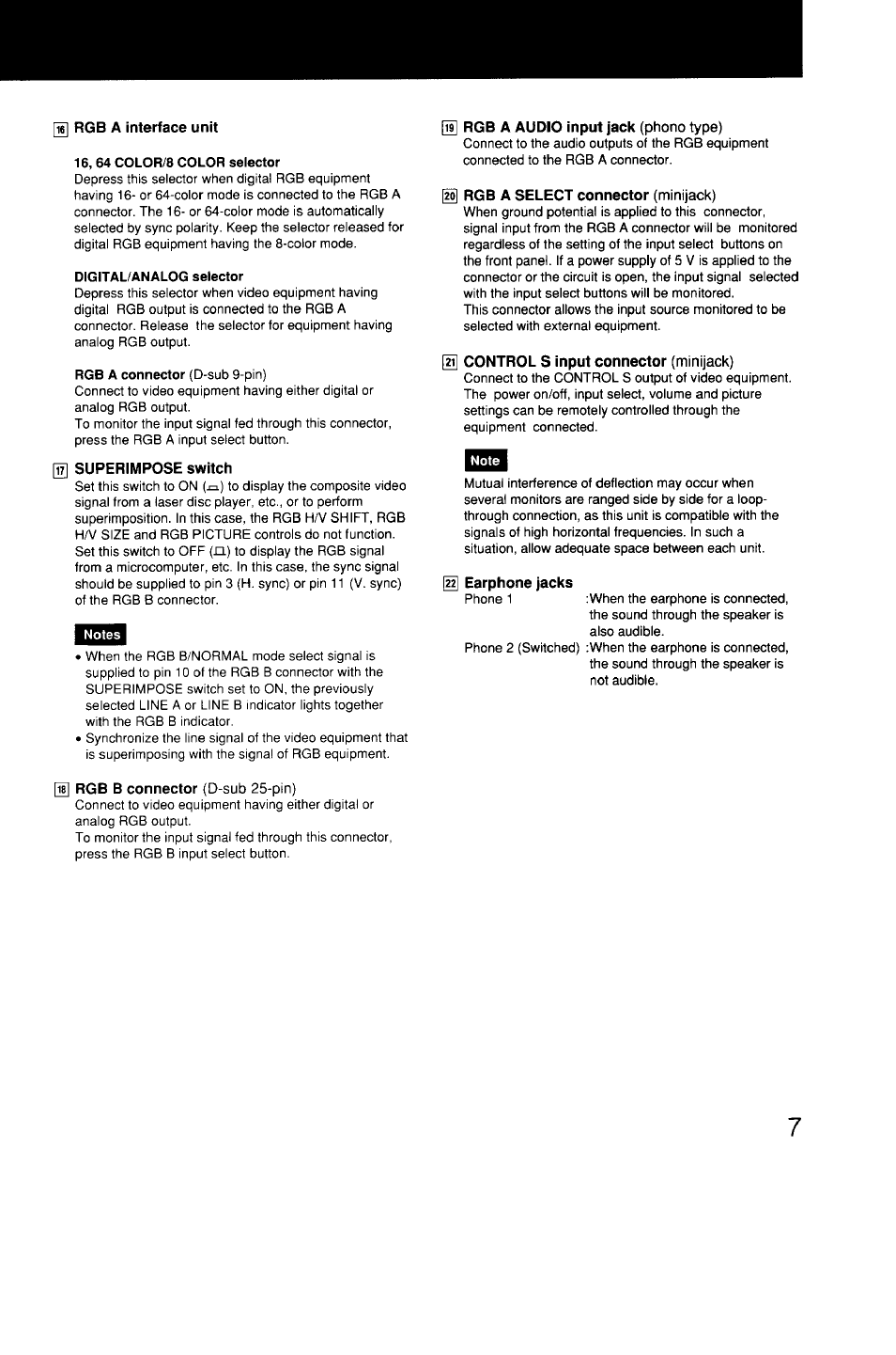 I^ rgb a interface unit, 16, 64 color/8 color selector, Digital/analog selector | 0 superimpose switch, Rgb a audio input jack (phono type), Earphone jacks, Rgb b connector (d-sub 25-pin) | Sony GVM-1310 User Manual | Page 7 / 11