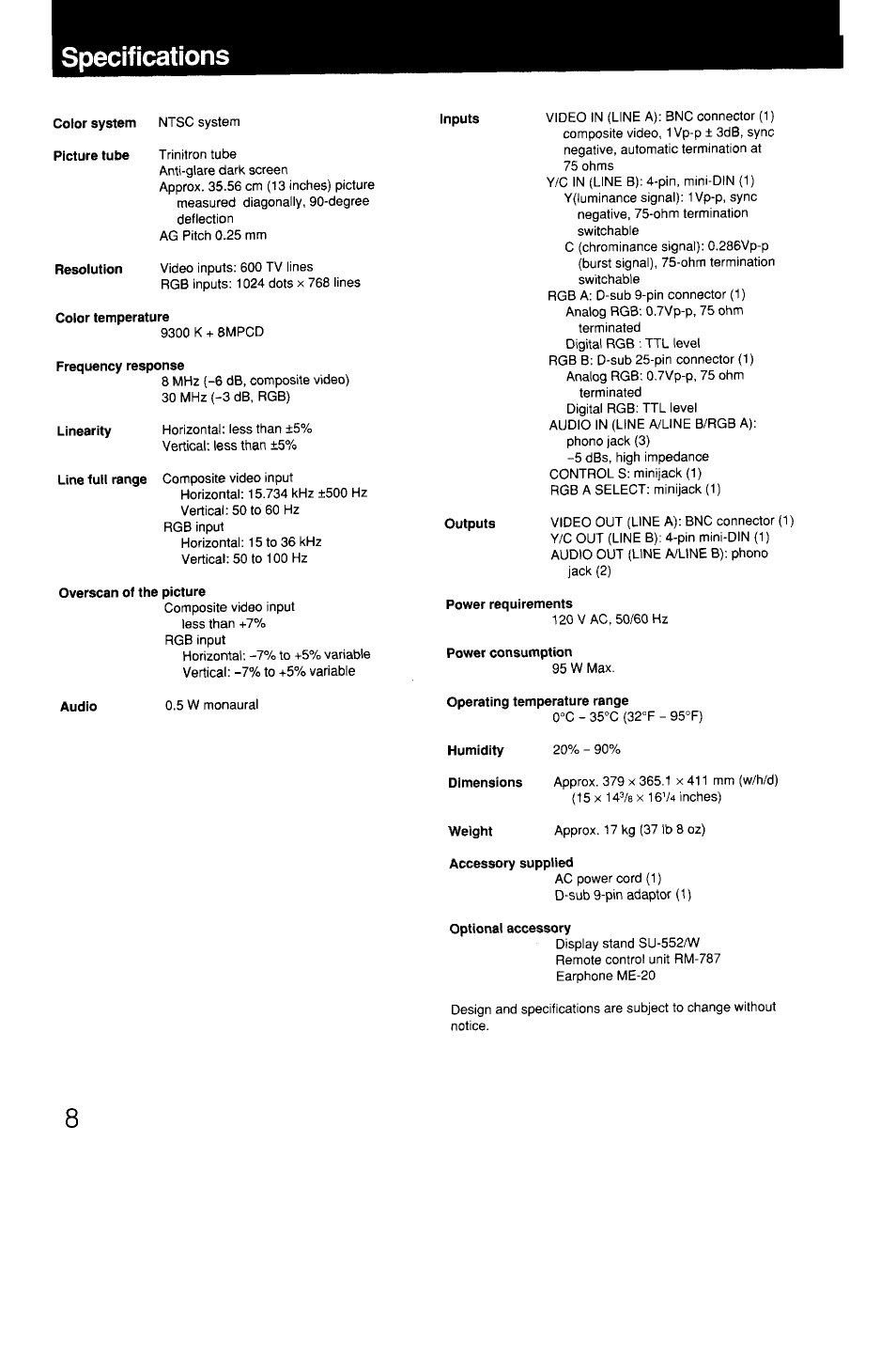 Specifications, Color temperature, Frequency response | Overscan of the picture, Power requirements, Power consumption, Audio, Operating temperature range, Humidity, Accessory supplied | Sony GVM-1310 User Manual | Page 8 / 11