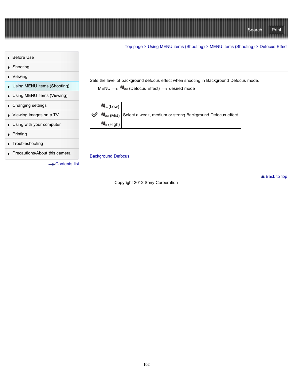 Defocus effect, Cyber-shot user guide | Sony DSC-WX100 User Manual | Page 102 / 257