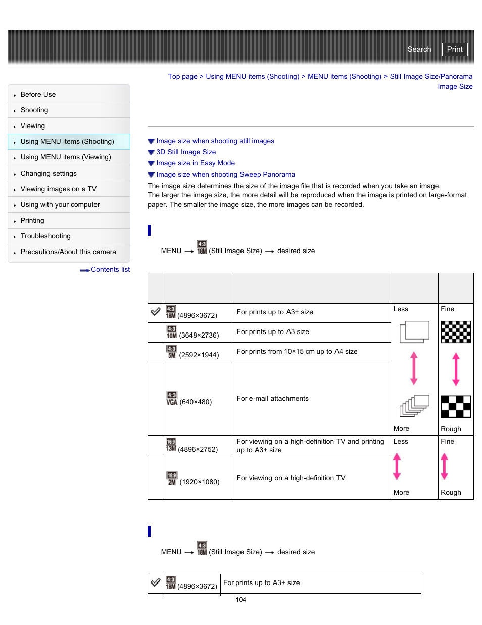 Still image size/panorama image size, Details, Cyber-shot user guide | Sony DSC-WX100 User Manual | Page 104 / 257