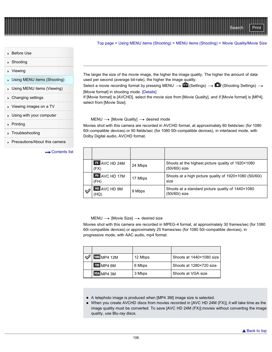 Movie quality/movie size, Cyber-shot user guide | Sony DSC-WX100 User Manual | Page 106 / 257