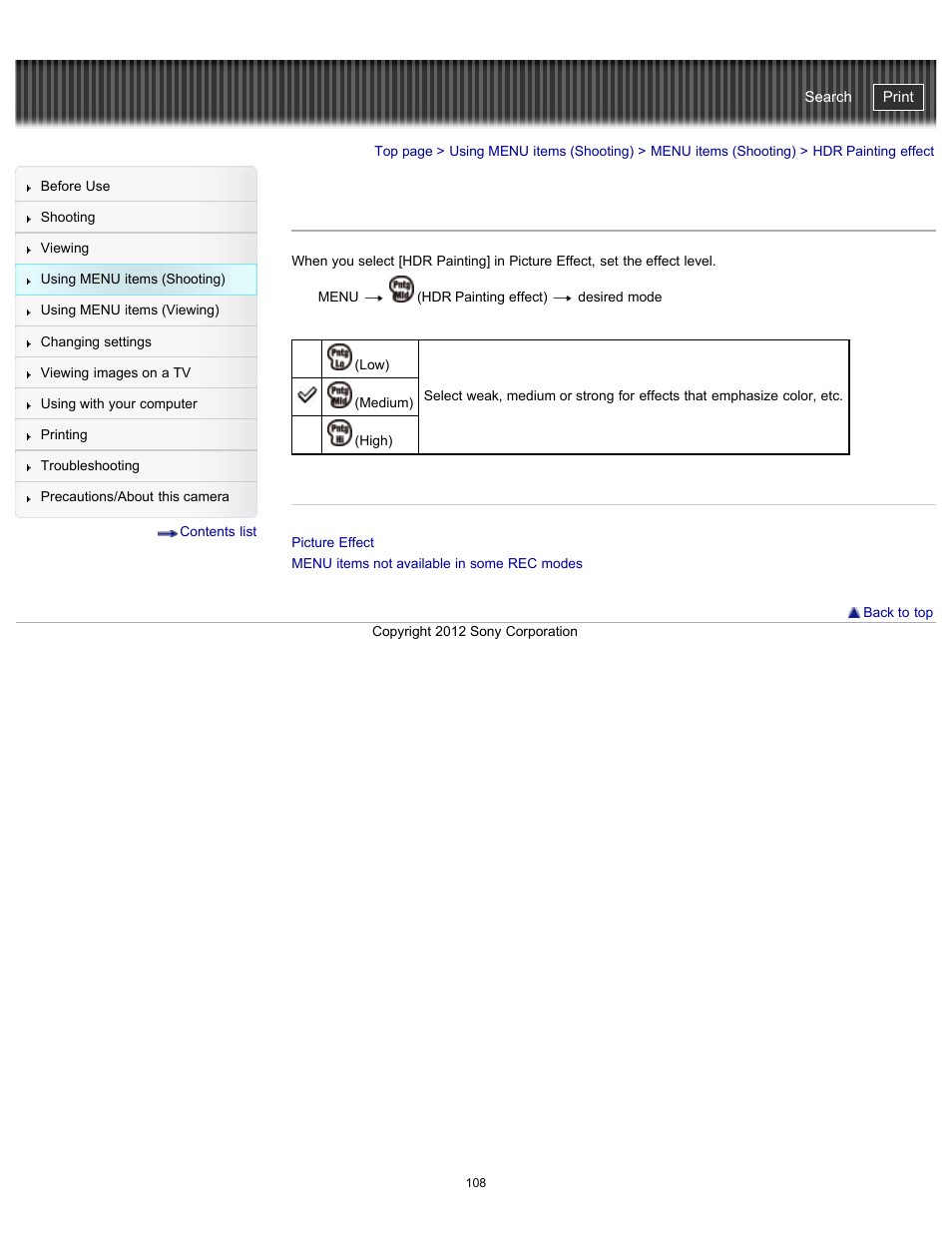 Hdr painting effect, Cyber-shot user guide | Sony DSC-WX100 User Manual | Page 108 / 257