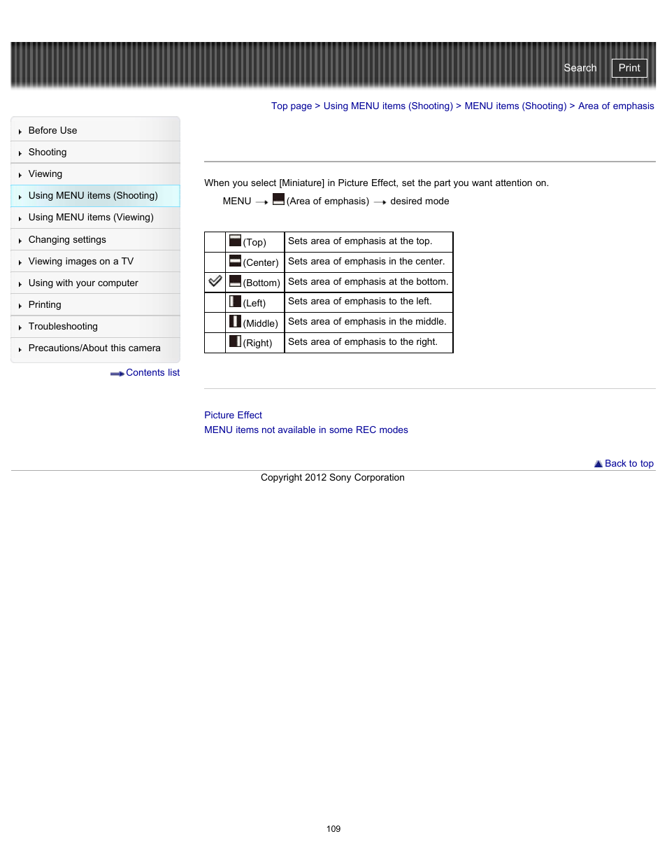 Area of emphasis, Cyber-shot user guide | Sony DSC-WX100 User Manual | Page 109 / 257