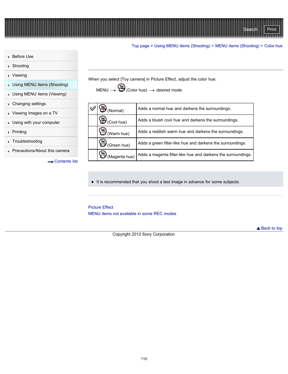 Color hue, Cyber-shot user guide | Sony DSC-WX100 User Manual | Page 110 / 257