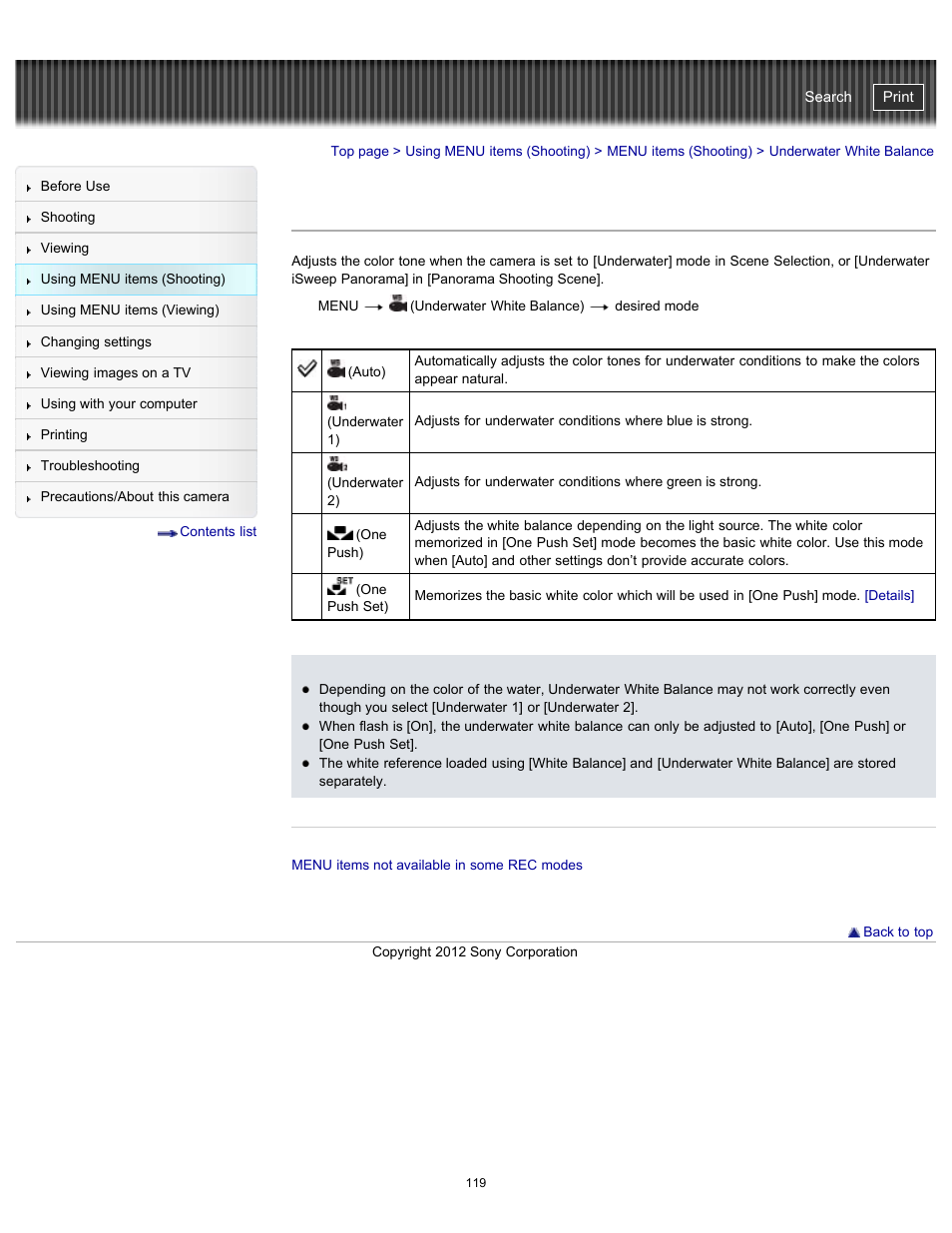 Underwater white balance, Cyber-shot user guide | Sony DSC-WX100 User Manual | Page 119 / 257