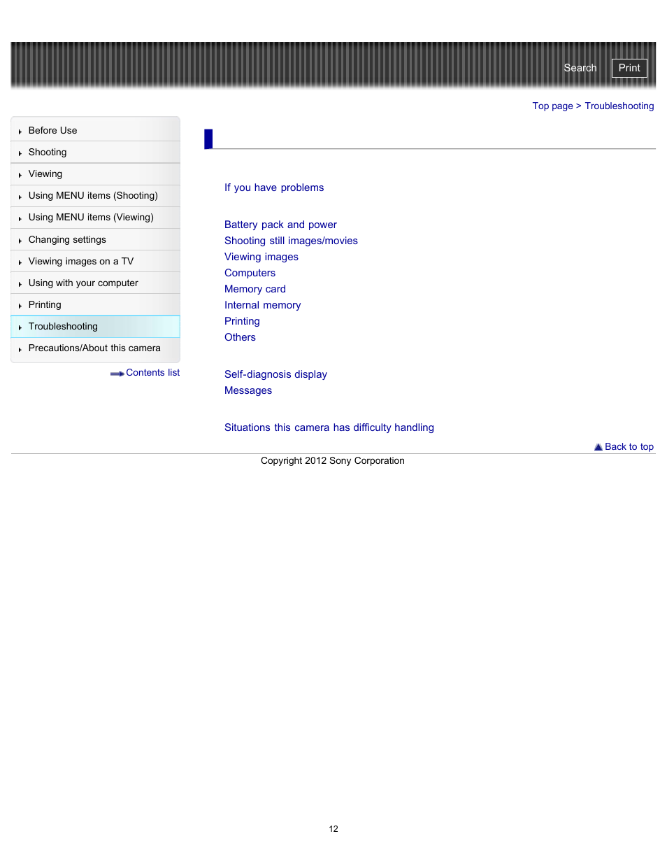 Troubleshooting, Cyber-shot user guide | Sony DSC-WX100 User Manual | Page 12 / 257