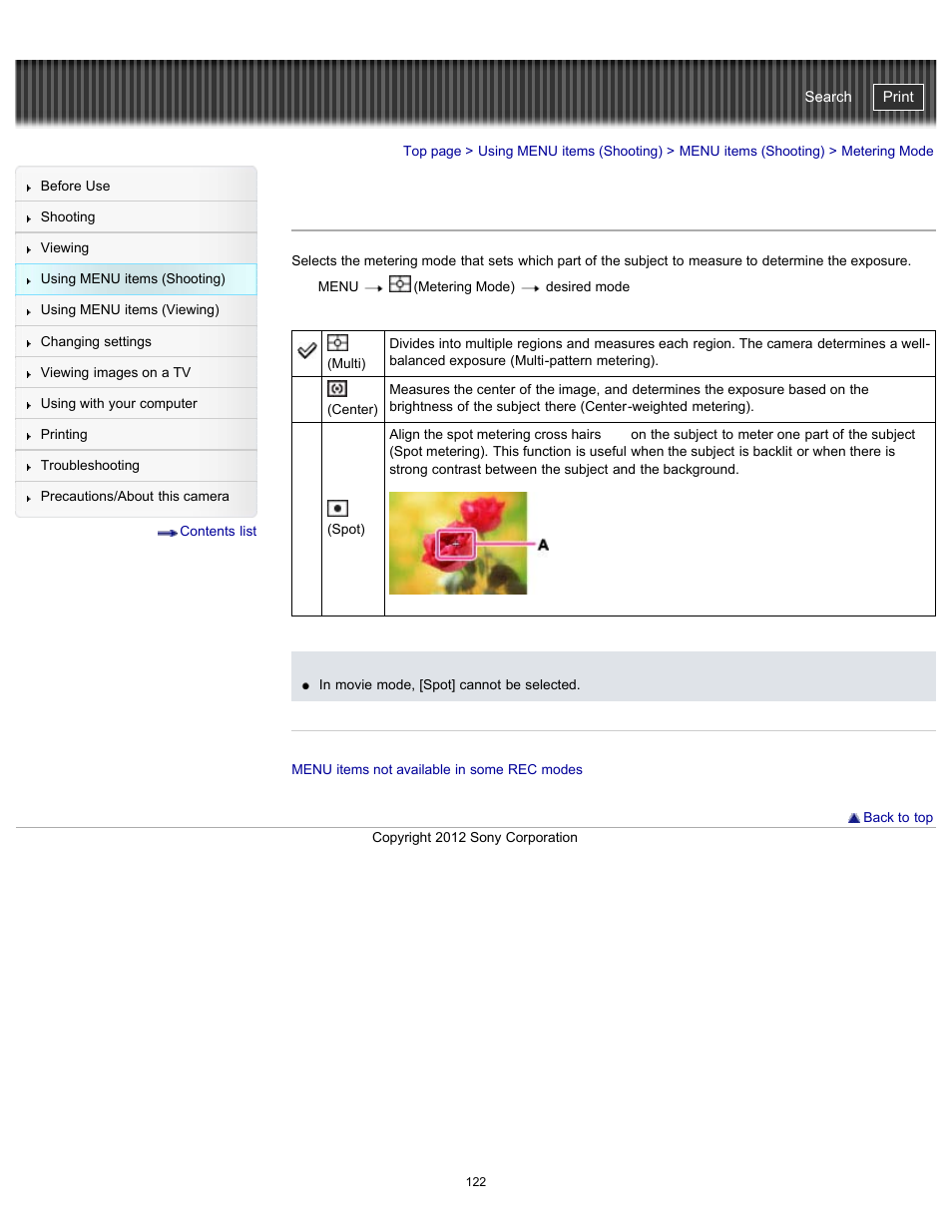 Metering mode, Cyber-shot user guide | Sony DSC-WX100 User Manual | Page 122 / 257
