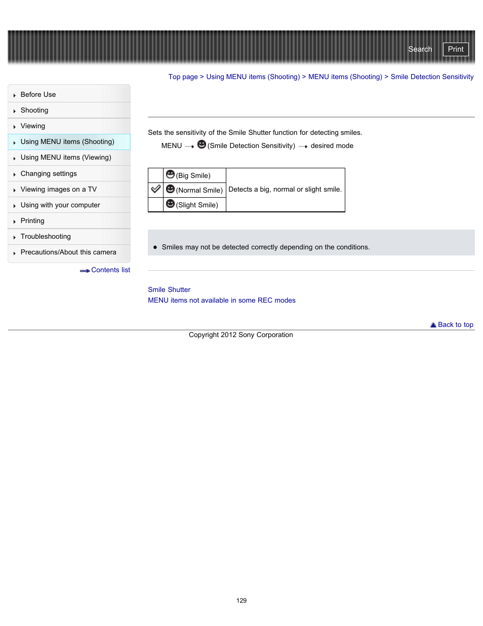 Smile detection sensitivity, Cyber-shot user guide | Sony DSC-WX100 User Manual | Page 129 / 257