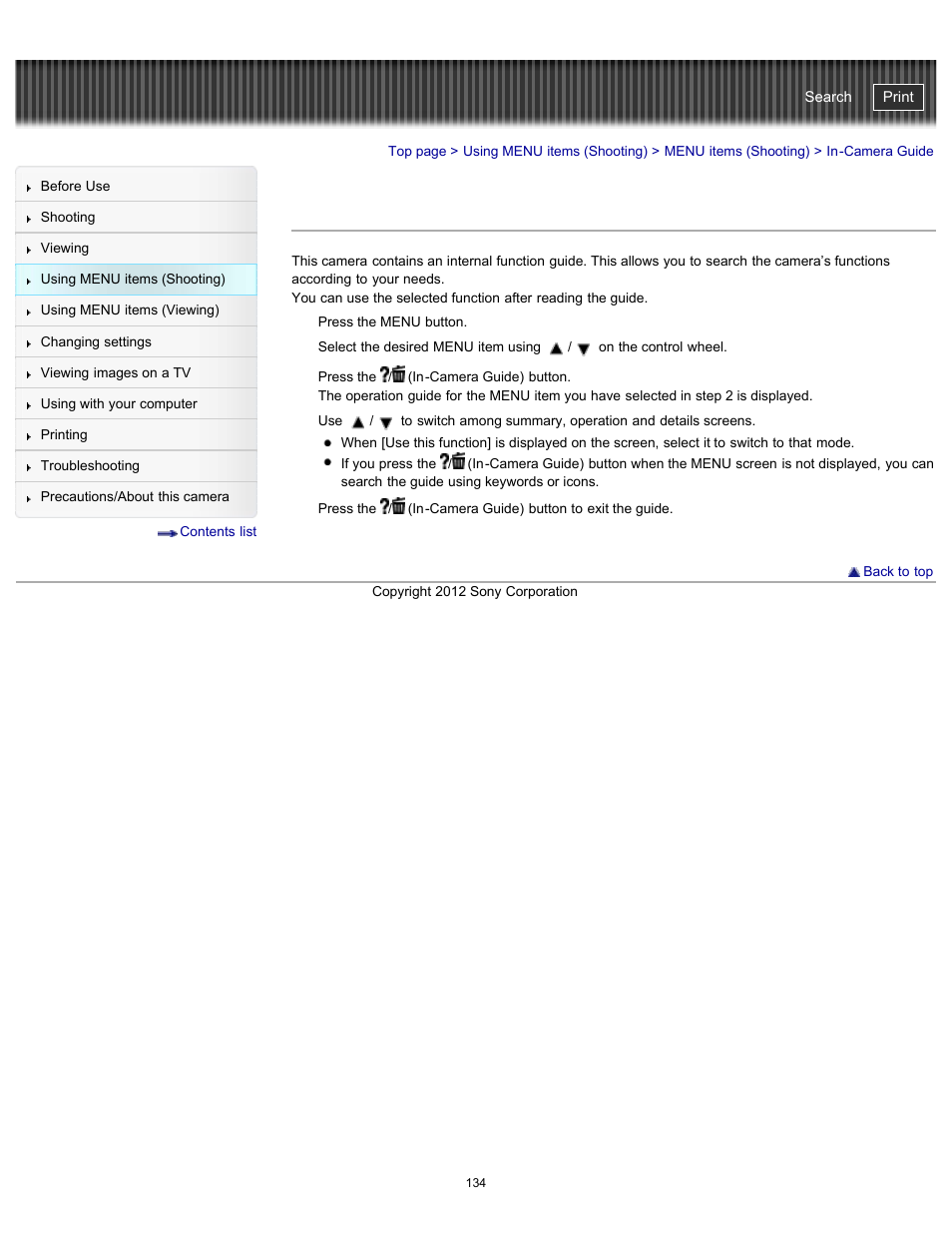 In-camera guide, Cyber-shot user guide | Sony DSC-WX100 User Manual | Page 134 / 257