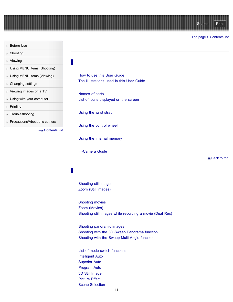 Contents list | Sony DSC-WX100 User Manual | Page 14 / 257