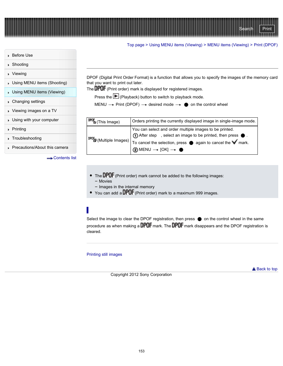 Print (dpof), Cyber-shot user guide | Sony DSC-WX100 User Manual | Page 153 / 257