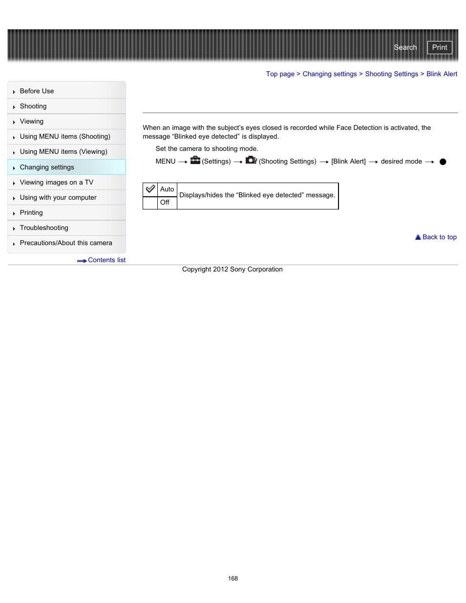 Blink alert, Cyber-shot user guide | Sony DSC-WX100 User Manual | Page 168 / 257