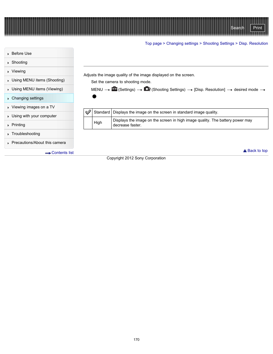 Disp. resolution, Cyber-shot user guide | Sony DSC-WX100 User Manual | Page 170 / 257