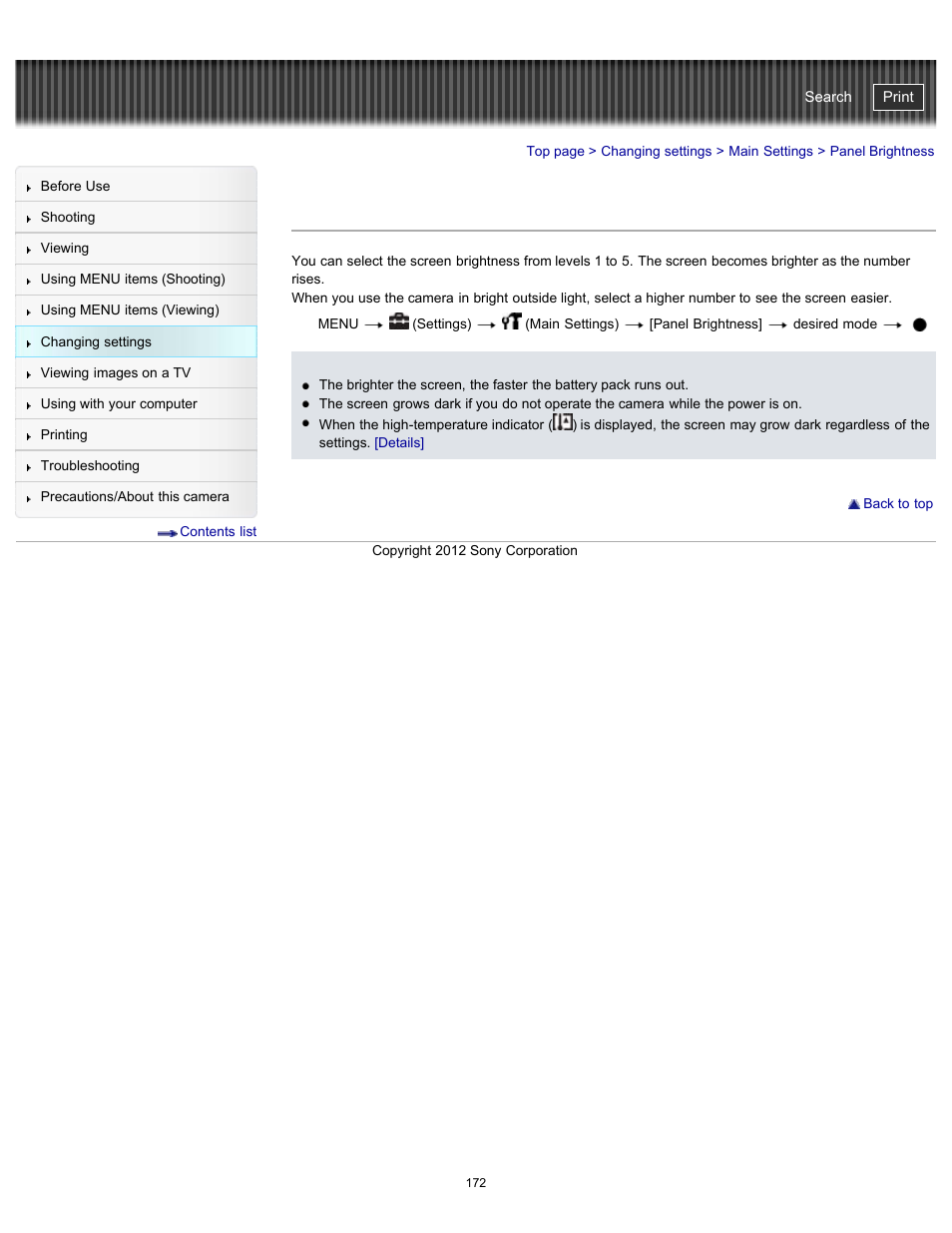 Panel brightness, Cyber-shot user guide | Sony DSC-WX100 User Manual | Page 172 / 257